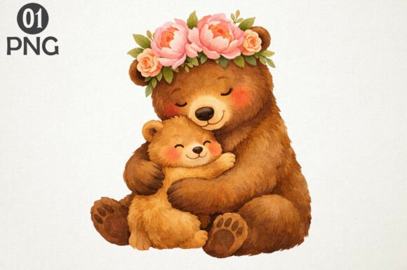 Download Cute Bear Mom Baby Floral Clipart PNG - Clipart png Collection
