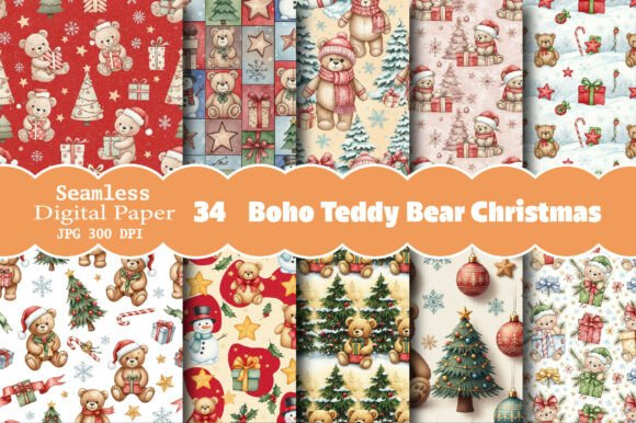 Download Boho Teddy Bear Christmas Digital Paper - Boho teddy bear Collection